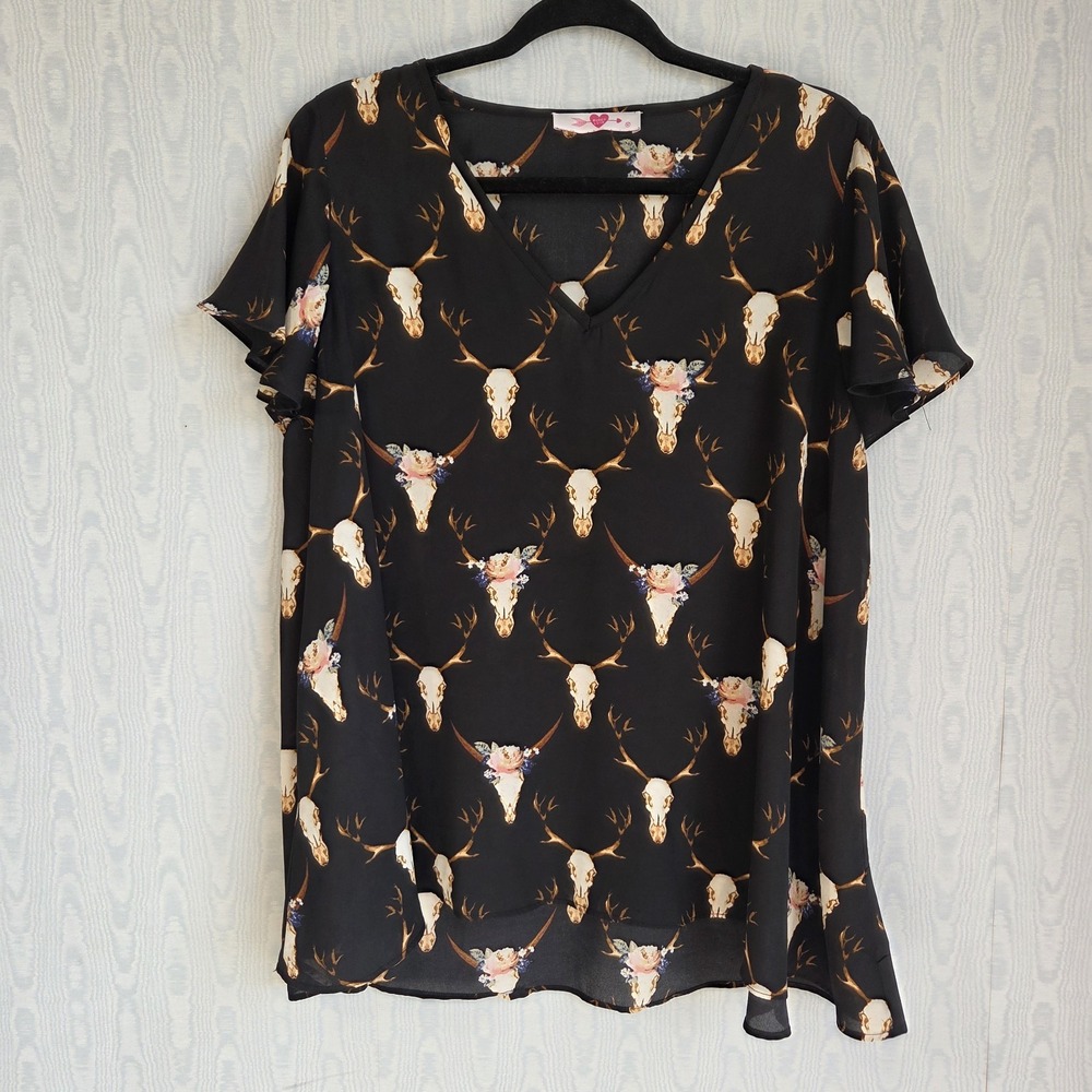 Buddy Love‎ Womens M Swing Top Sheer Chiffon Cow Skull Rose Flutter Western Boho